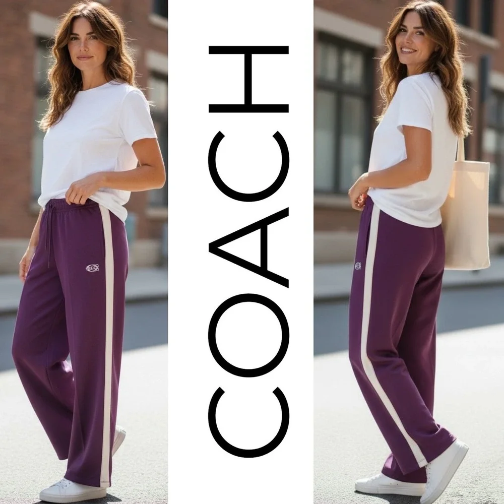 Coach NWT Sporty Wide Leg Cotton Track Pants Beet Purple Terrycloth Logo Women M